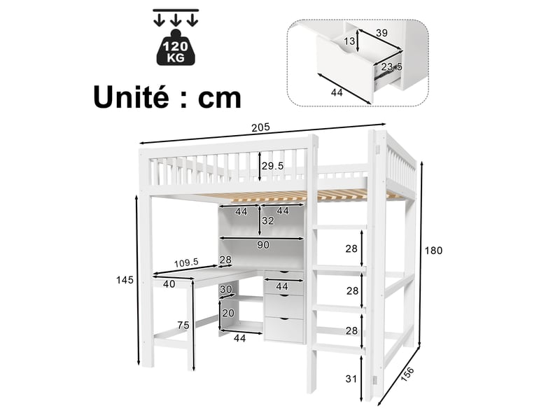  Lit mezzanine ado 140x200 cm avec bureau et espace de rangement - lit en bois de pin, sans matelas, blanc  - Conforama C