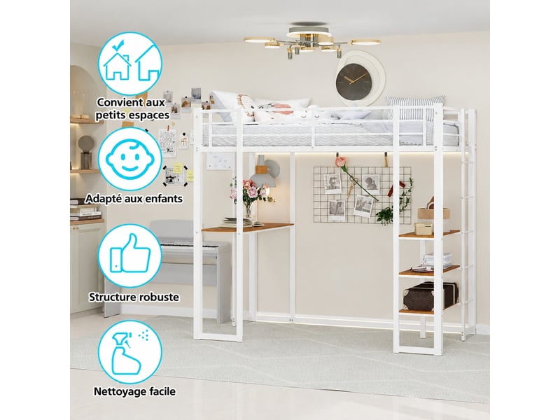  Lit mezzanine avec bureau 90x190 cm en fer blanc - étagères, deux échelles et garde-corps  - Conforama W
