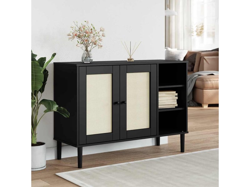  Buffet - bahut - meuble de rangement senja aspect rotin noir 112x40x80cm bois massif de pin  - Conforama B