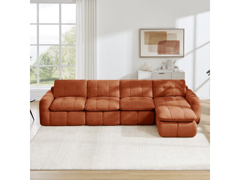 Canapé d'angle modulable 4 places en tissu chenille, forme l avec pouf, orange - Conforama D