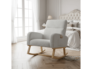 Fauteuil à bascule moderne - pieds bois massif et dos haut, autocollants antidérapants, poches latérales, 78x69x87 cm - gris clair matière teddy