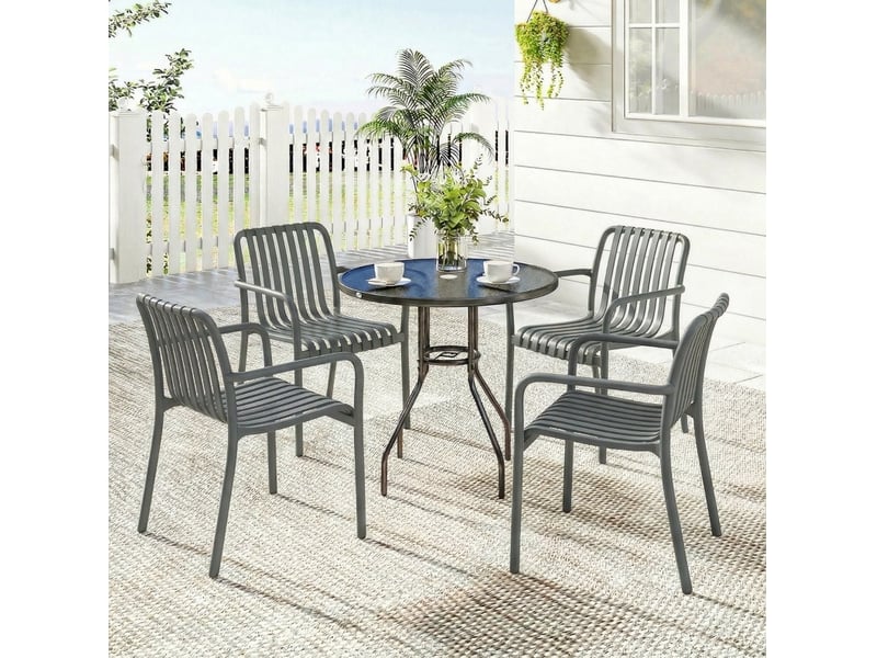 Lot de 4 chaises de jardin empilables en plastique gris foncé avec accoudoirs et dossier ergonomique - Conforama E