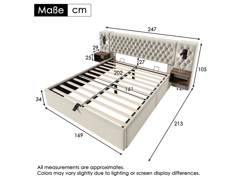  Lit coffre,160x200 cm,avec matelas, 2 chevets, usb et lampes,velours,beige  - Conforama C