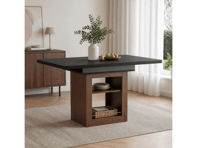 Table extensible 130-160 cm plateau bois noir pieds noyer rangement - Conforama B