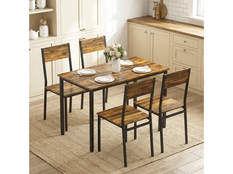  Ensemble table salle à manger avec 4 chaises, table de cuisine avec chaises 4 personnes, pieds en métal, brun rustique  - Conforama D