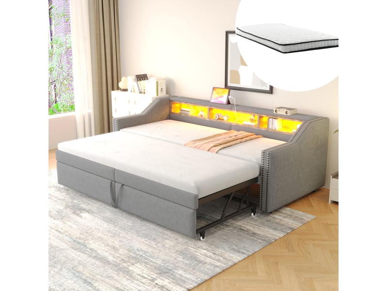  Modenvie canapé-lit gigogne 90180x200 cm - led, usb et rangements latéraux - avec 2 matelas - gris  - Conforama B