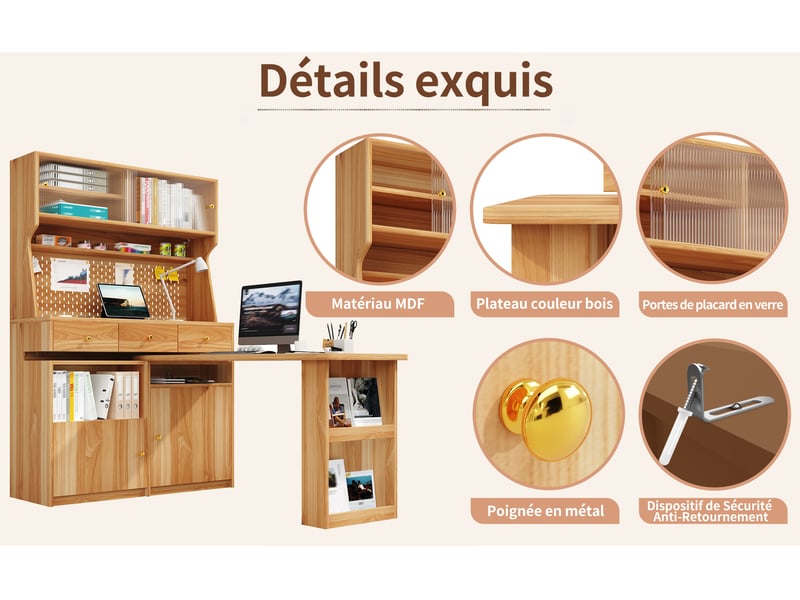  Meuble haut avec bureau, coloris brun naturel, 137 × 74 × 177,7 cm, mdf, métal et verre, bureau et tablette bar intégrés  - Conforama E