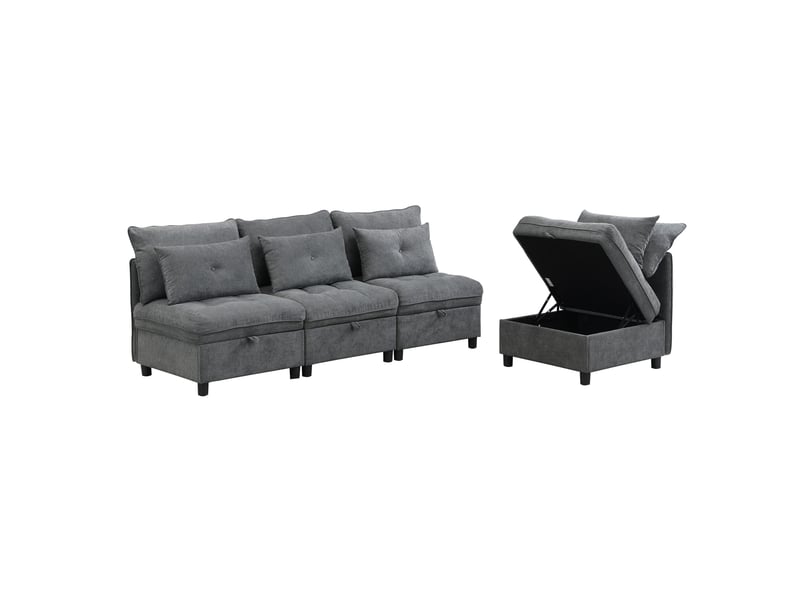 Canapé modulable 4 places convertible gris antique en chenille avec rangement - Conforama A