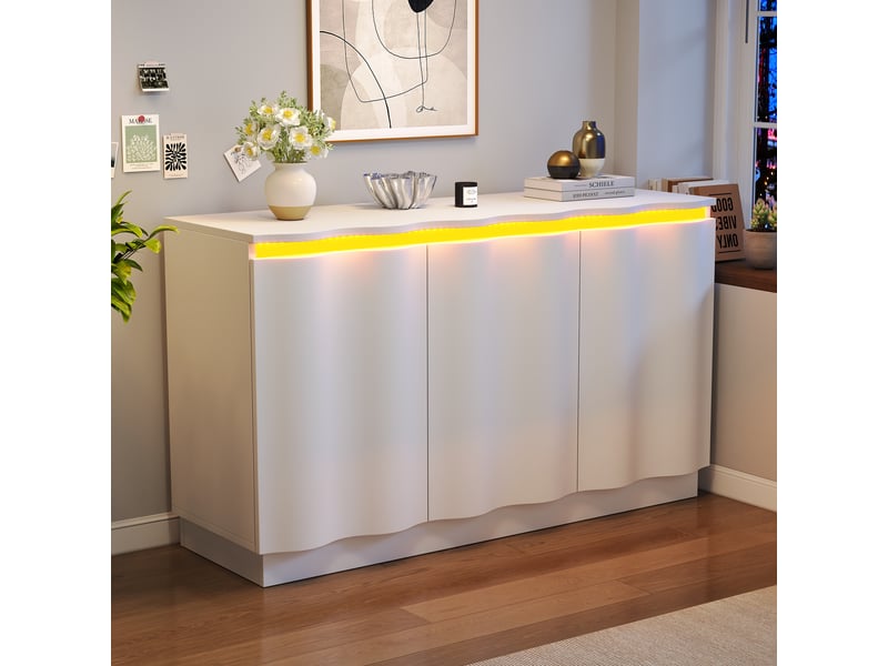  Buffet 120x35x69,5 cm avec led rgb bluetooth et commande par application, meuble de rangement à façade ondulée, 3 portes et étagères réglables, blanc Seren Glow - Conforama E