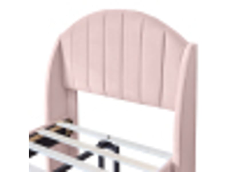  Lit simple 90x200 cm en velours rose, tête de lit rembourrée, sommier à lattes en bois, style classique et moderne, montage facile, format compact  - Conforama E