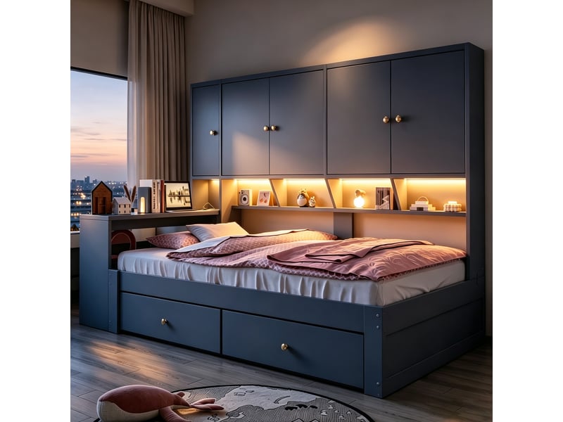  Lit multifonction 90x200 cm avec bureau intégré, rangements, led et prises, gris, sans matelas  - Conforama R