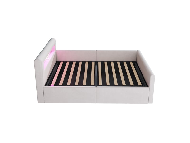 Lit enfant 90x200, velours beige, led, usb, étagère et rangement hydraulique  - Conforama A