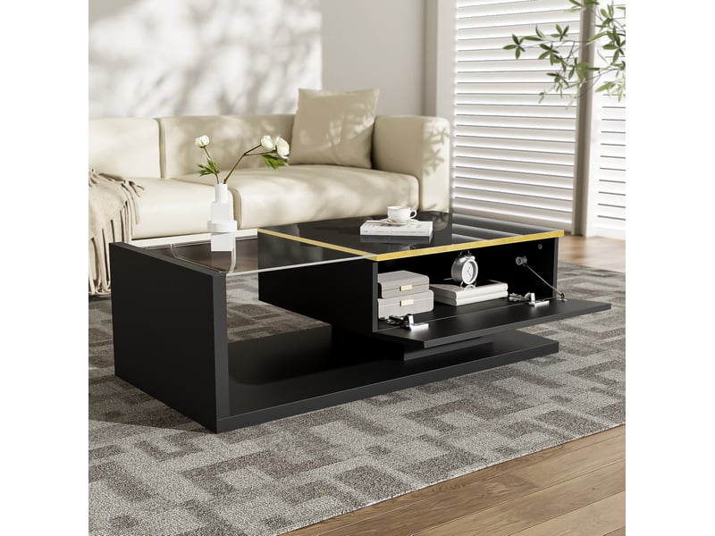  Table basse ulevr avec rangement et led 16 couleurs, 100 x 50 cm, plateau en verre trempé, panneau de particules noir brillant  - Conforama E