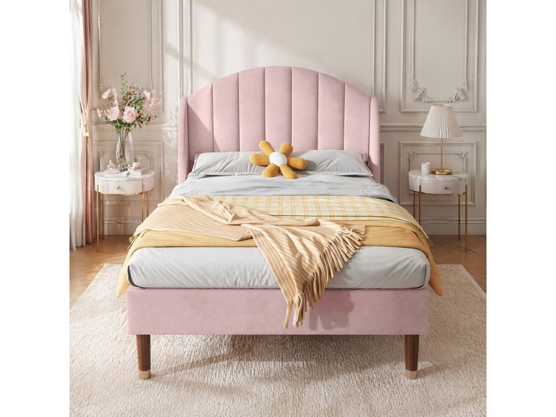 Lit capitonné, lit simple 90x200 cm en velours avec tête rembourrée, lattes en bois et pieds de 20 cm, rose  - Conforama B