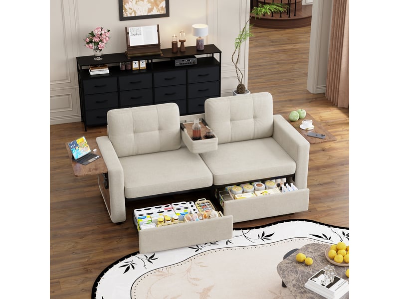  Canapé droit 2 places en chenille 178 x 71 cm avec rangement intégré, tablette rabattable, porte-gobelets et assise réglable - beige  - Conforama E