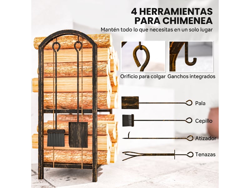  Porte-bûches métallique 2 niveaux avec 4 outils, charge 100 kg, 43 x 30 x 74 cm  - Conforama W