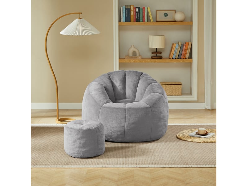 Fauteuil poire avec repose-pieds 105x105x70 cm en polyester gris clair - Conforama R