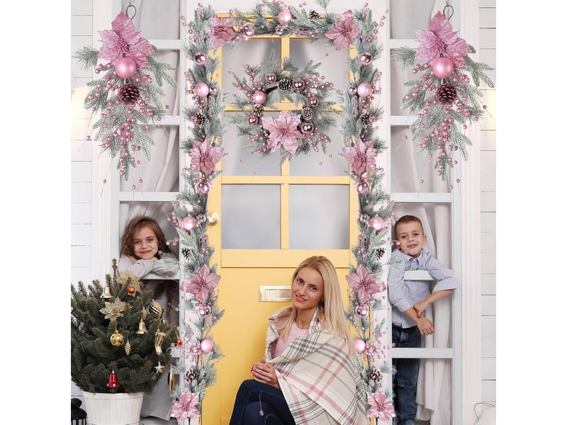 Guirlande de noël rose artificielle 1,5 m avec pommes de pin, nœud et baies, décoration maison noël - Conforama B