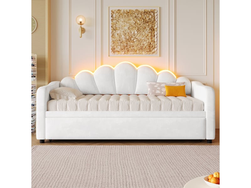  Lit tiroir gigogne 90x200 cm, velours blanc, led 7 couleurs, 2 positions, sans matelas  - Conforama W