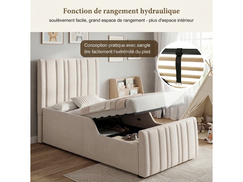  Lit enfant 90x200 cm avec rangement et coffre hydraulique, beige, hauteur 102 cm N634U0043B - Conforama C