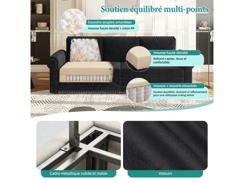  Canapé convertible 3 places noir en velours avec accoudoirs arrondis, 238 cm Fay Lum - Conforama R