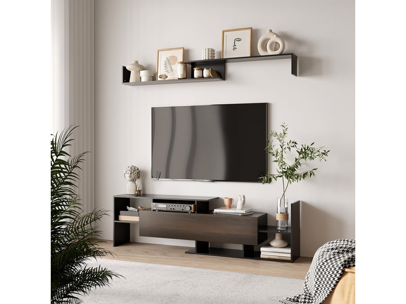  Ensemble meuble tv avec banc et étagère murale noir - style contemporain 153,6l cm  - Conforama A