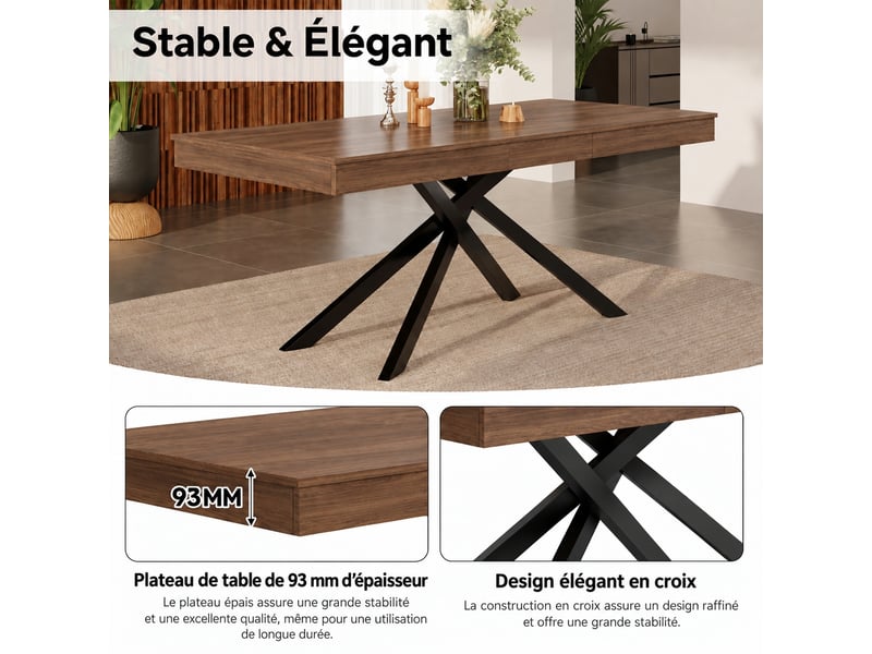  Table à manger extensible rectangulaire couleur noyer, 140 à 180 cm, 6 à 8 personnes  - Conforama E
