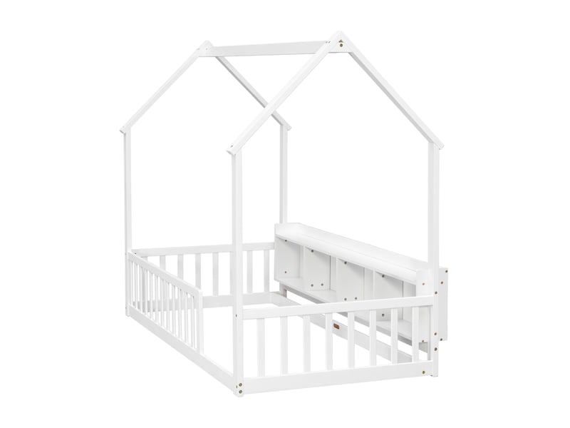  Lit enfant cabane 90x200 cm avec étagères et barrières, blanc, sans matelas  - Conforama E