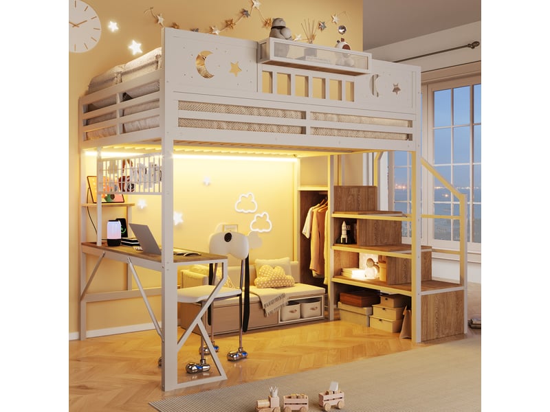 Lit mezzanine 140x200 cm avec bureau, panneau perforé, étagères, usb, led multicolore, escalier avec rangement, métal et mdf, blanc OMNIGLINT TRADING LTD - Conforama B