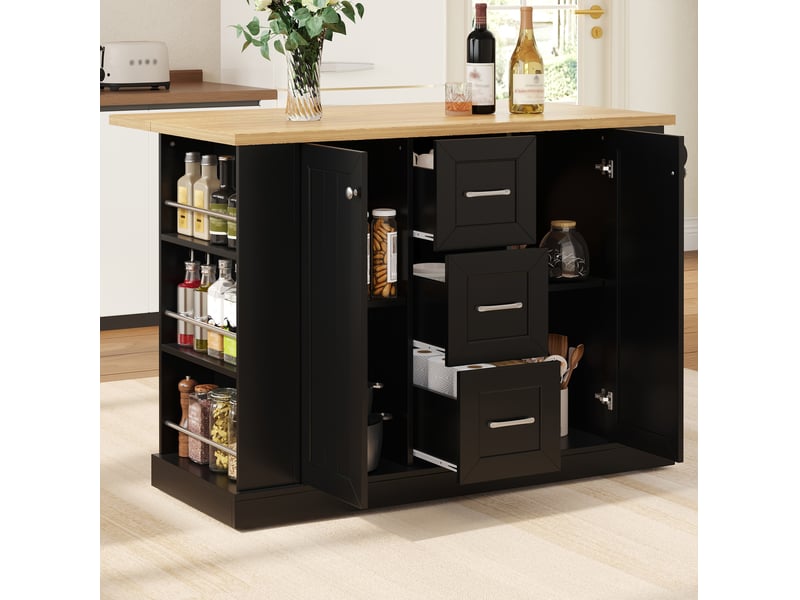 Îlot de cuisine mobile 120x45 (70)x90 cm, plateau rabattable, 3 tiroirs, roulettes verrouillables, mdf, noir - Conforama B