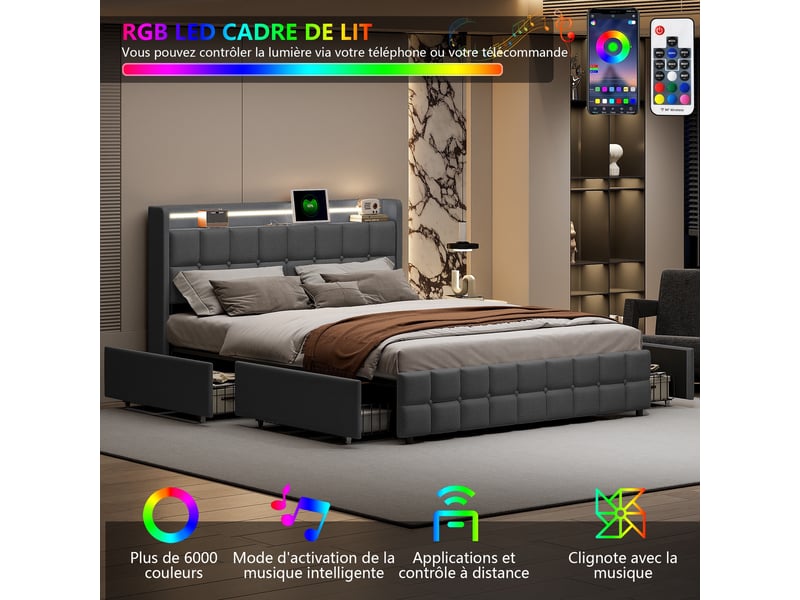  Lit 160x200cm - lit double rembourré 160x200cm queen size - led rgb usb prises et 4 tiroirs de rangement - design lin - gris  - Conforama C