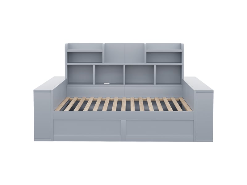  Lit banquette 90x200 cm gris avec rangement hydraulique, prises et led  - Conforama A