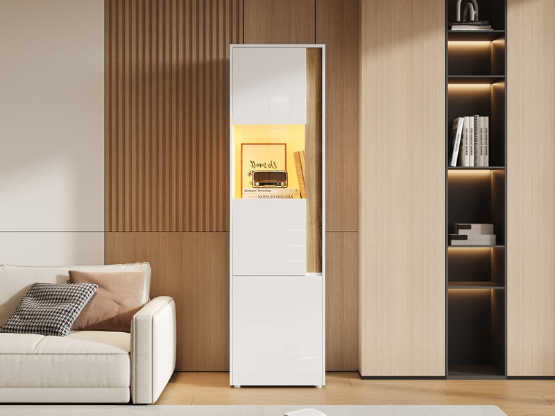  Vitrine de rangement, avec 2 portes, avec éclairage led, coloris blanc et naturel, pour salon, solution de rangement fonctionnelle  - Conforama E