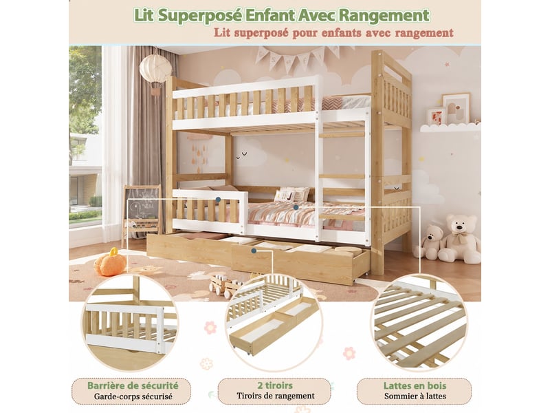 Lit superposé enfant 90 x 200 cm séparable en 2 lits simples, avec échelle, barrières et 2 tiroirs, blanc et naturel - Conforama D