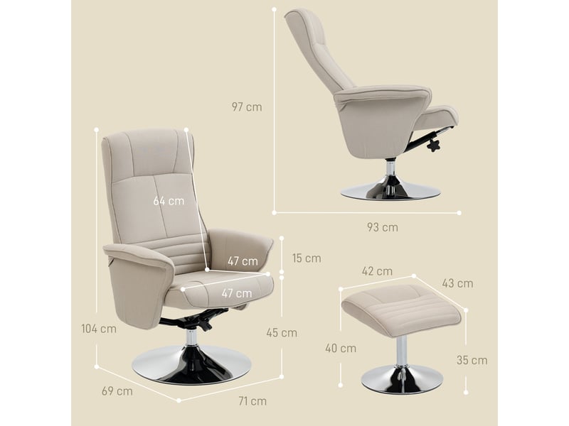  Fauteuil relax inclinable 135° pivotant avec repose-pieds en tissu beige  - Conforama C