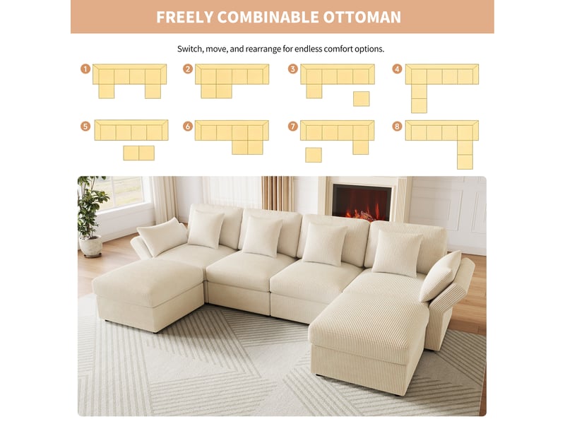  Canapé panoramique en u 4-6 places, accoudoirs réglables  - 2 poufs, velours côtelé beige 290 × 159,5 × 89 cm  - Conforama E