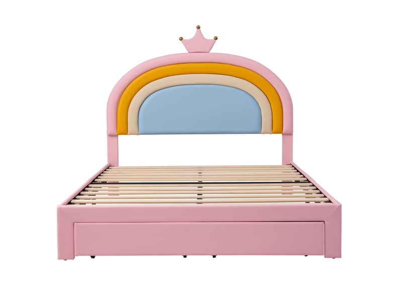  Lit enfant rembourré 140x200 cm avec tiroir et tête de lit réglable, rose, sans matelas  - Conforama D