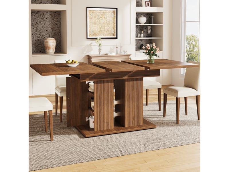 Table à manger extensible 120160 x 80 x 75 cm, 4 à 6 personnes, rangements latéraux, étagères, piètement à doubles lattes verticales, marron foncé Bliss Lite - Conforama E