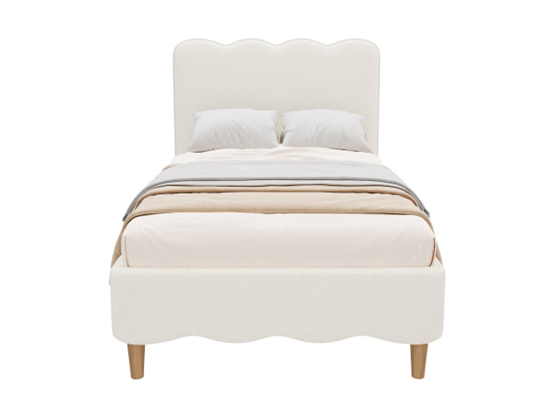  Lit capitonné, 90×200 cm, sommier + tête capitonnée, pieds en bois massif, bouclé, blanc  - Conforama A