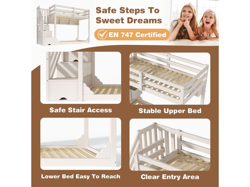  Lit superposé 90x200cm - avec escalier - lit superposé enfant - armoire - barrière de sécurité - compartiments de rangement - blanc  - Conforama D