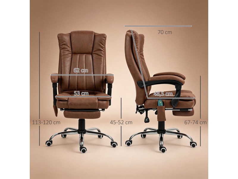  Fauteuil de bureau massant et chauffant avec hauteur réglable, dossier inclinable, marron, repose-pied et télécommande  - Conforama C