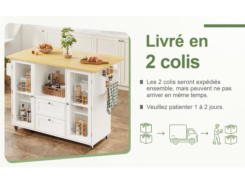  Îlot de cuisine sur roulettes avec rangement et plan rabattable, 2 tiroirs, blanc et bois naturel  - Conforama C