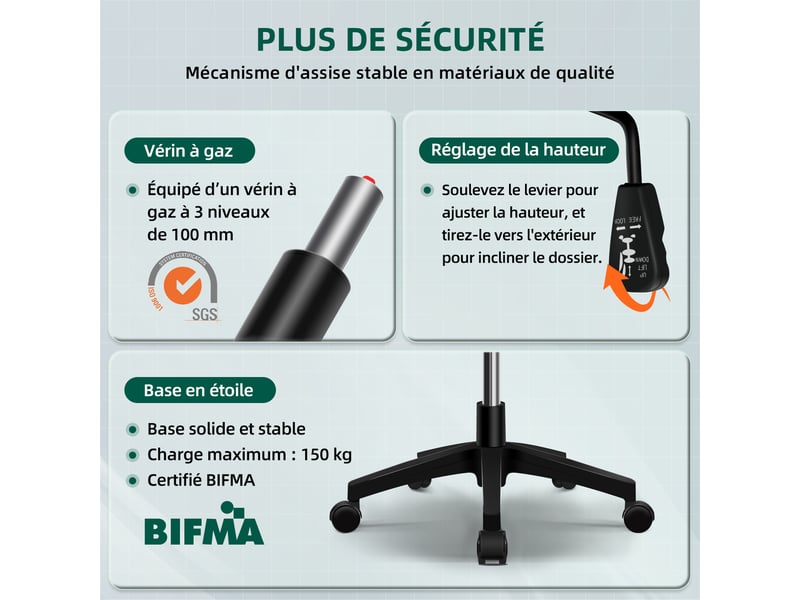  Chaise de bureau, chaise ergonomique pivotante maille respirante, accoudoirs rembourrés, hauteur10cm, dossier125°, charge150kg  - Conforama D