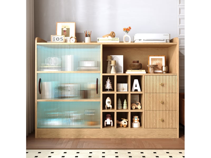  Buffet de rangement 120 cm avec casier à vin, led et portes coulissantes en verre  - Conforama E