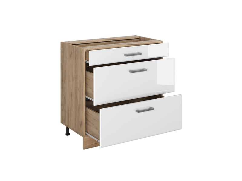  Vicco meuble cuisine, blanc haute brillancechêne doré, 80cm avec 3 tiroirs plan de travail chêne doré  - Conforama C