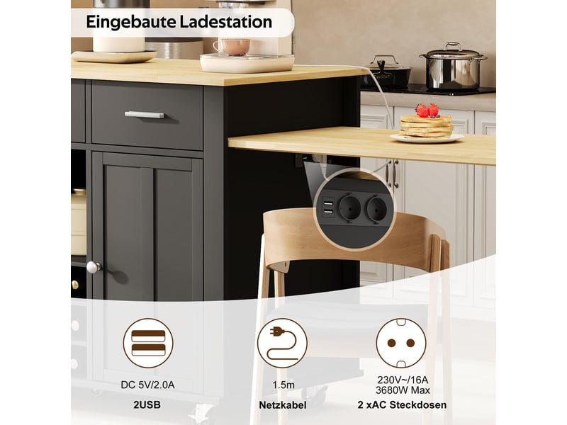 Îlot de cuisine 136 cm, table coulissante, 3 tiroirs, 2 portes, étagères réglables, prises usb, roulettes, noir - Conforama E