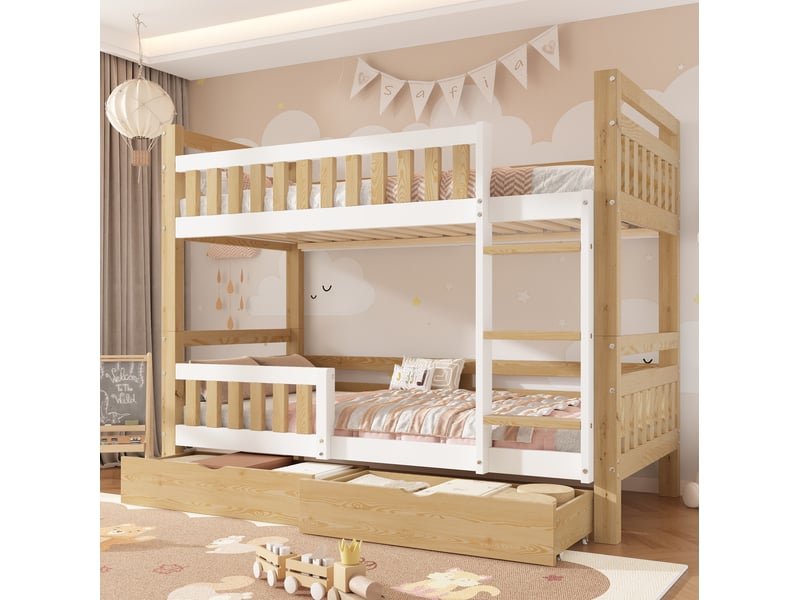  Lit superposé enfant 90 x 200 cm en bois blanc et naturel, séparable en 2 lits simples, avec 2 tiroirs  - Conforama C