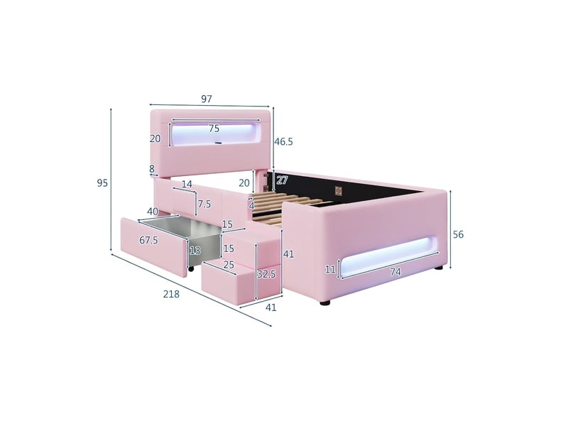  Lit 90x200 avec tiroir de rangement, lit enfant avec éclairage led et port usb, rose  - Conforama E