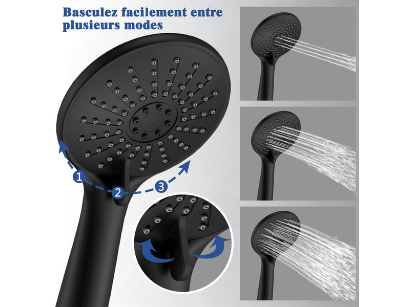 Pommeau de douche aica avec tuyau de douche 1.5m, douchette à main 3 modes, abs & acier inoxydable 304, noir - Conforama C