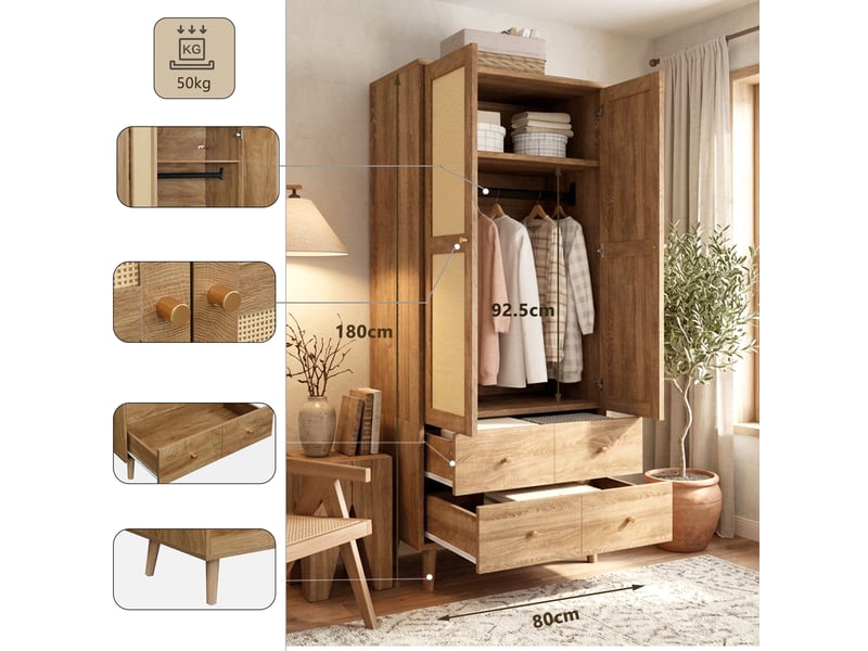  Armoire 80x50x180 cm avec penderie, étagères, 2 tiroirs, portes effet rotin en mdf - noyer naturel  - Conforama E